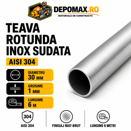 Teava rotunda inox sudata AISI 304, 30 x 1 mm, 6 metri